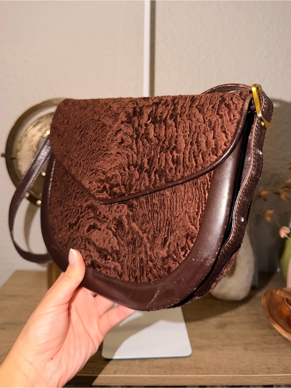 Vintage YSL Brown Textured Velour and Calf Skin Leather Shoulder Bag